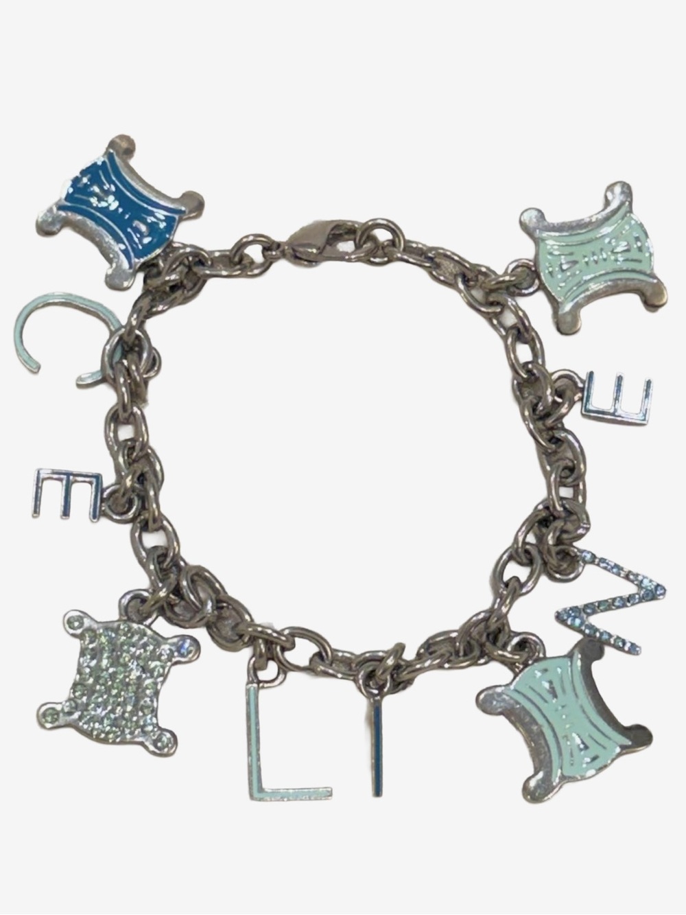 Auth Celine Triomphe Crystal Embellished Charm Bracelet adjustable